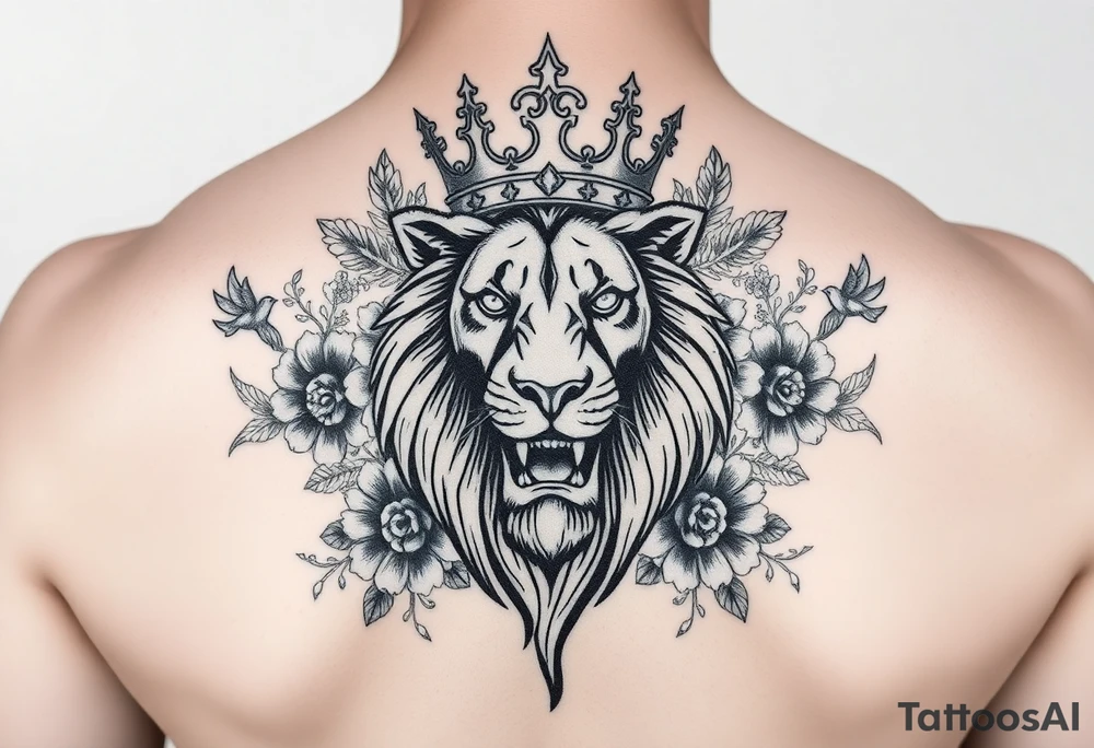 powerful majestic lion with a crown, surrounded by floral ornaments and birds tattoo idea