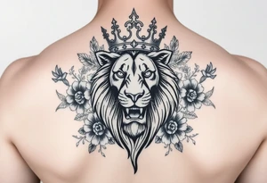 powerful majestic lion with a crown, surrounded by floral ornaments and birds tattoo idea