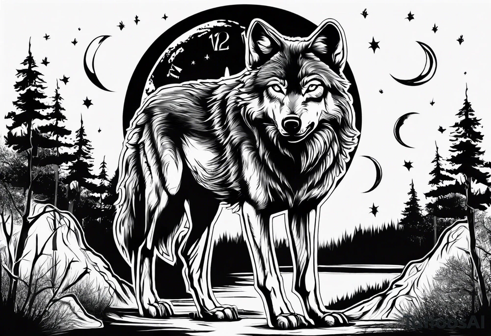 Wolf outside at night full.moon time clock as the moon face tattoo idea Wolf outside at night full.moon time clock as the moon face tattoo idea