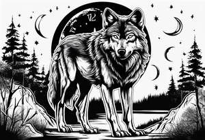 Wolf outside at night full.moon time clock as the moon face tattoo idea
