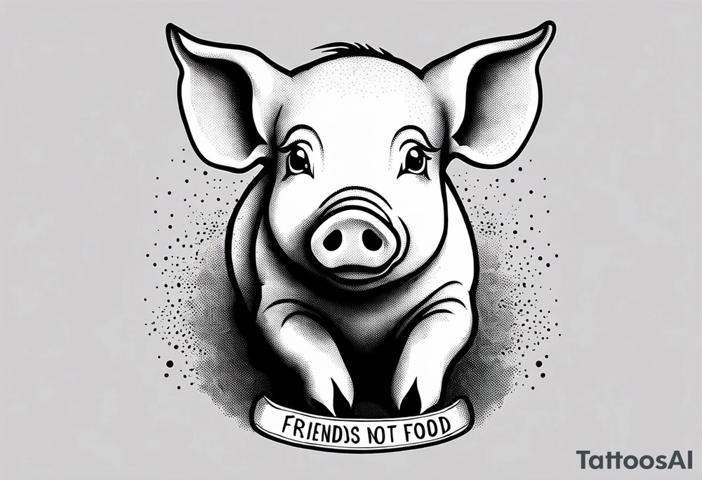 cute pig or piglet.
with text: "friends not food" 

only very thin lines. no shading. black and white only. simple outline only tattoo idea