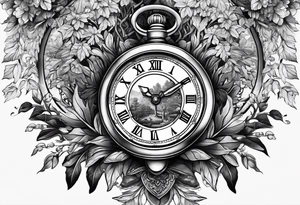 Antique watch surrounded by trees tattoo idea