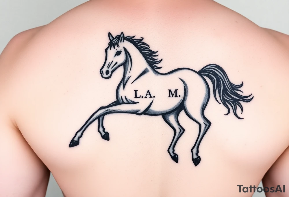 horse silhouette 
from the front which gallops from the front, with the 3 small letters discreetly integrated: L, A, M tattoo idea
