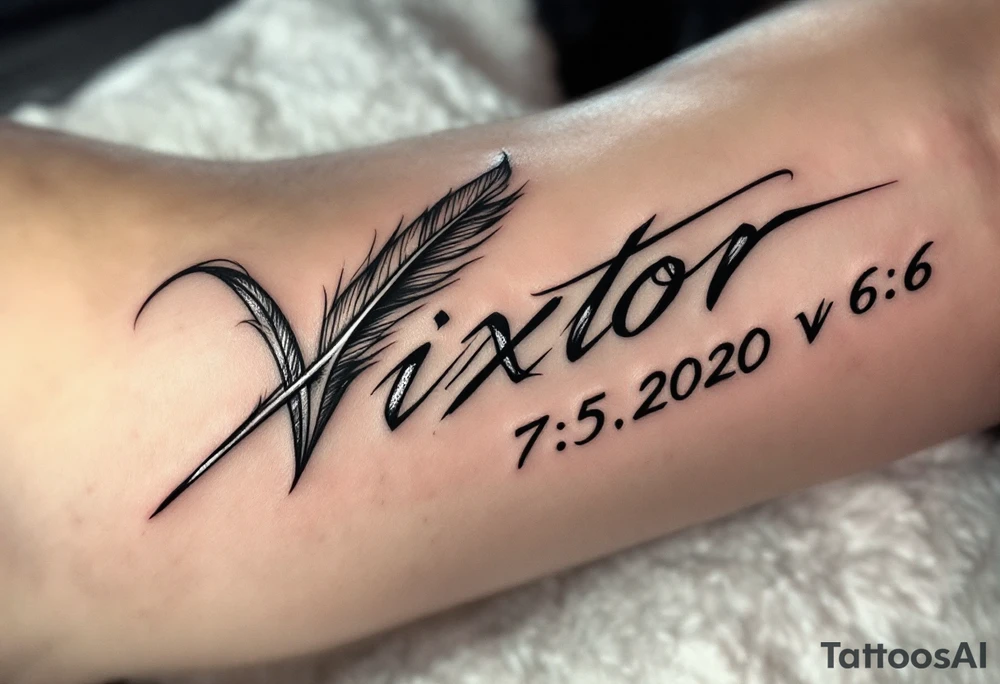 Feather quill writing name Viktor – 7.5.2020 v 6:06 in classic black and silver shading. tattoo idea