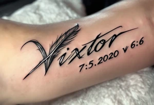 Feather quill writing name Viktor – 7.5.2020 v 6:06 in classic black and silver shading. tattoo idea