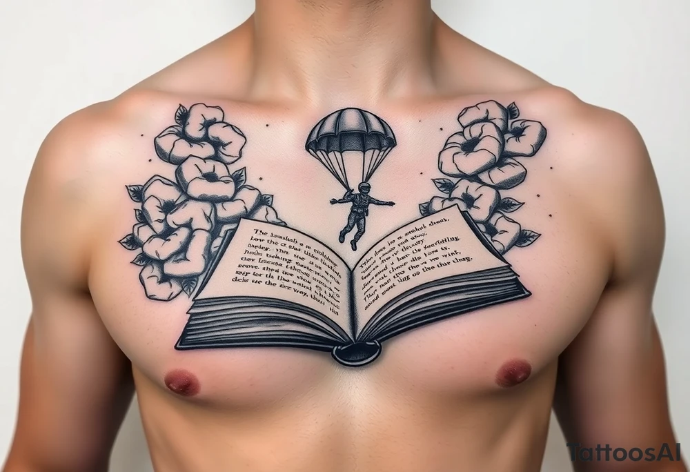 A parachuting soldier landing into an open book. Chaos surrounding, but a sense of security inside the book. On the chest. On one pectoral. book contains a quote tattoo idea
