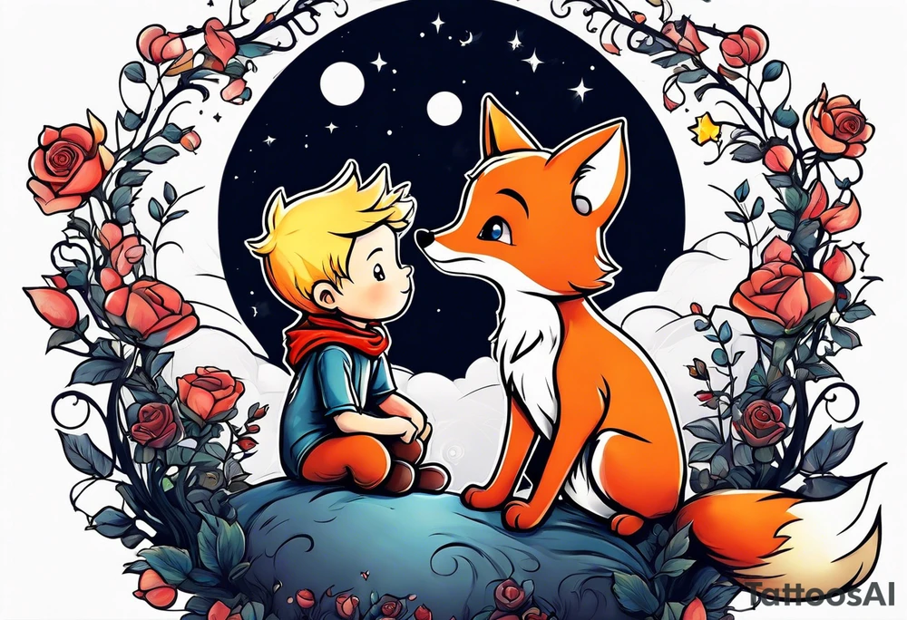 The Little prince sitting on his planet toghether with the fox on his planet besides his rose. Both are watching into the sky tattoo idea