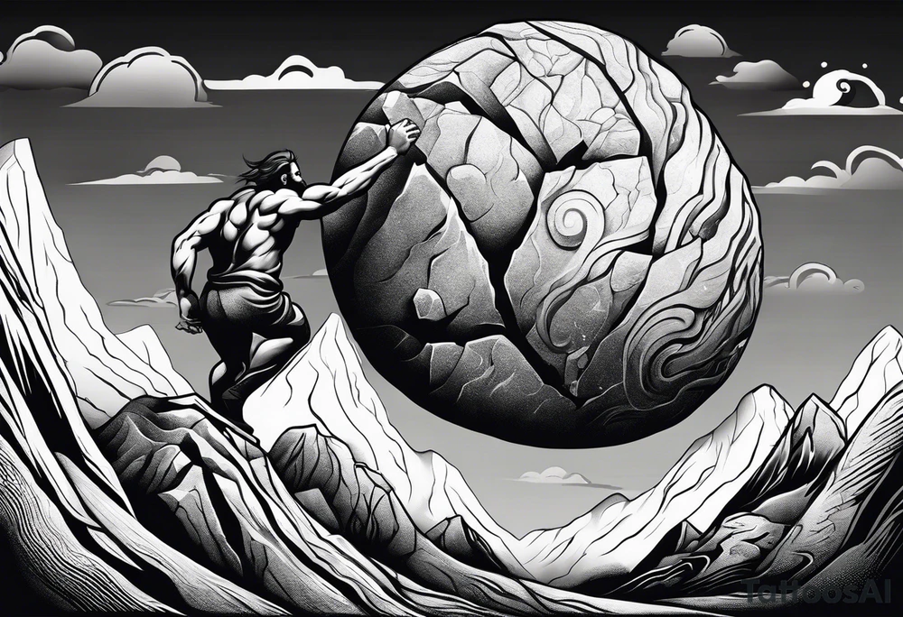 sisyphus pushing boulder up hill tattoo idea