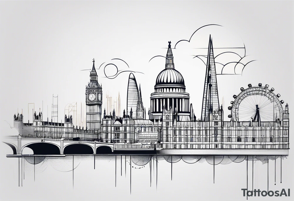 A minimalistic, abstract design capturing the architectural essence and vibe of London. Key elements of London’s skyline and structure are hinted at with clean lines, and subtle detailing includes personal touches, like a nod to Feid’s signature look (hat, glasses, mustache), integrated discreetly to honor a memorable concert experience. tattoo idea