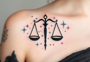 The Libra symbol in jet black floats among multicolored pastel stars marking the constellation. tattoo idea