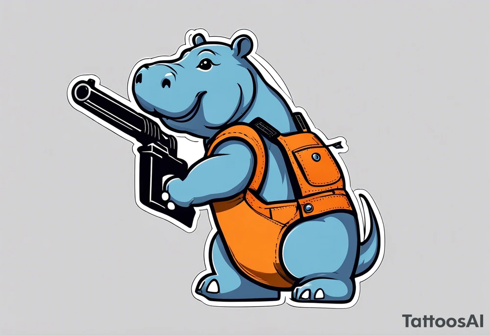 Baby hippo wearing overalls and holding a shotgun tattoo idea