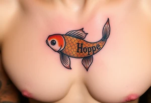 A koi fish swimming upward, with "Hope" inscribed along its shimmering golden scales, symbolizing perseverance tattoo idea