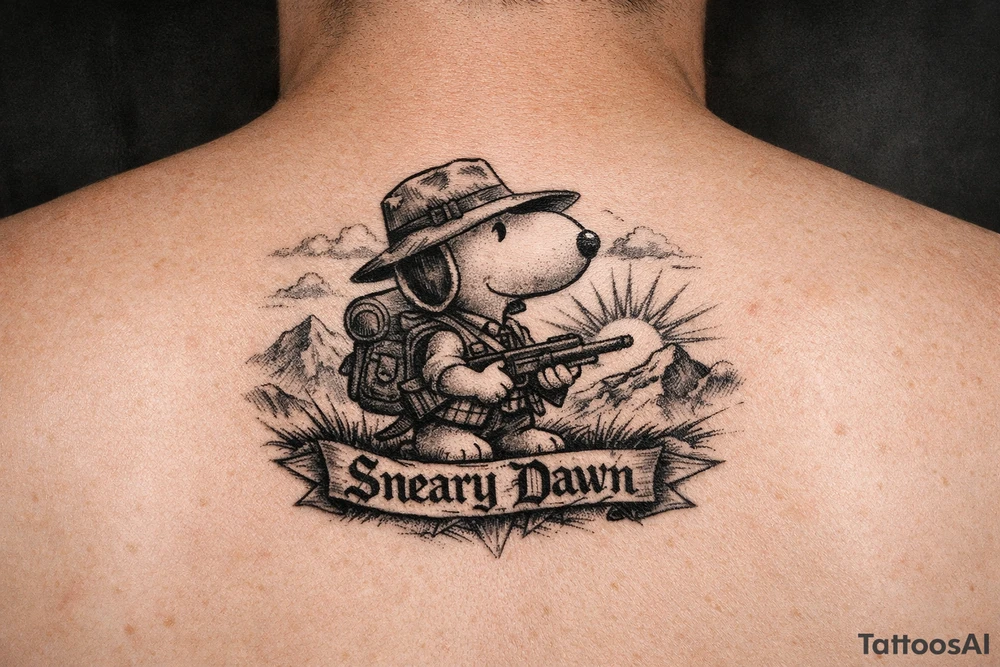 Small snoopy with saying Sneary Dawn tattoo idea