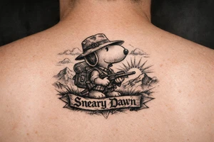 Small snoopy with saying Sneary Dawn tattoo idea
