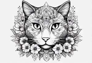 Make me a cat with fine features with flowers around it tattoo idea