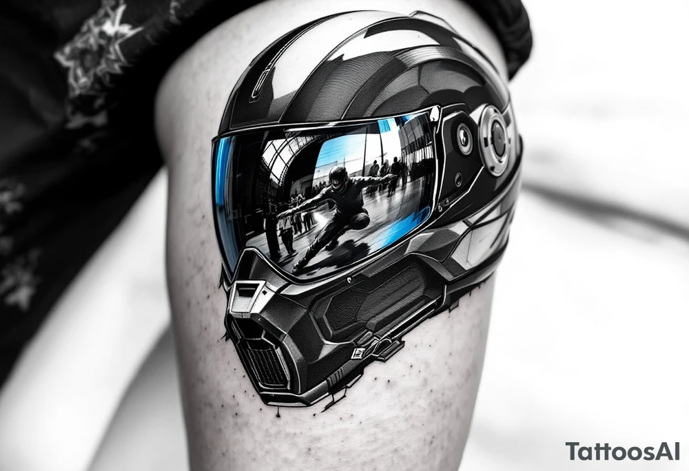 Sleek black hokey helmet with a glossy visor reflecting a skating opponent in shades of gray and blue. tattoo idea