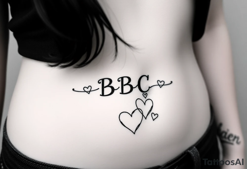 text reading "BBC" across a womb tattoo surrounded by hearts tattoo idea