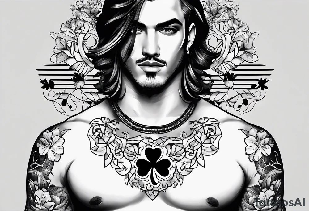 mens chest tattoo with 4 leaf clovers on the collar bone, stripes on the shoulders and two faces on in the middle with shading tattoo idea