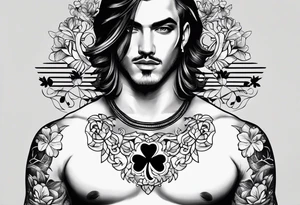 mens chest tattoo with 4 leaf clovers on the collar bone, stripes on the shoulders and two faces on in the middle with shading tattoo idea