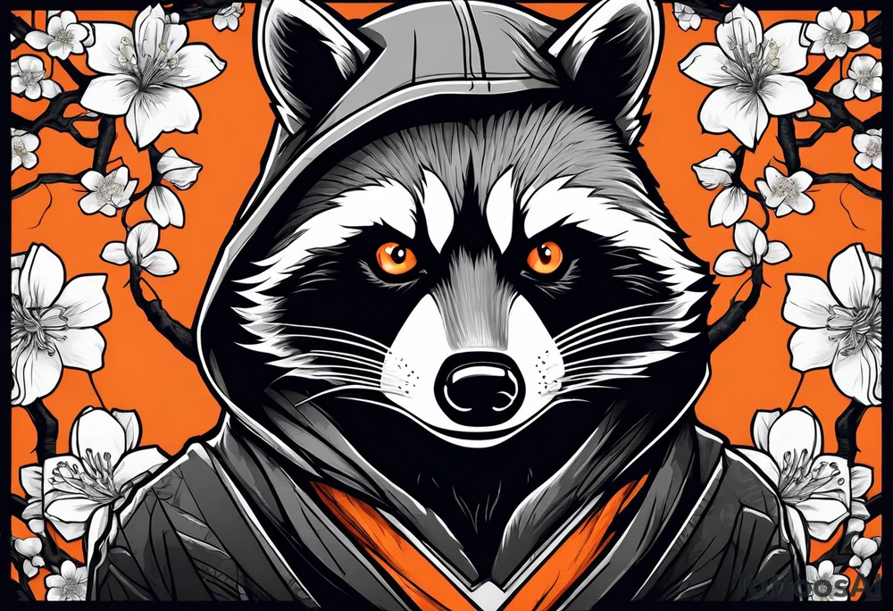 Raccoon wearing a white Superman logo on a black hoodie and orange Japanese cherry blossoms tattoo idea