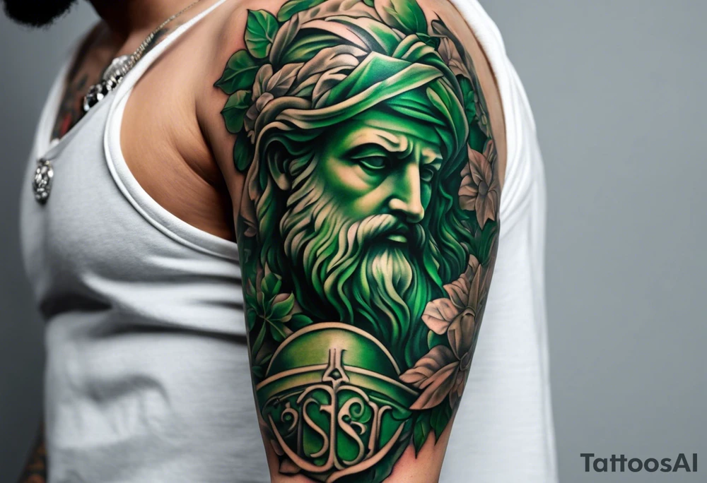 a tattoo full sleeve of stoic heroes in statue form including plato, socrates, alexander the great, julius ceasar, aristotle, pythagorus and william marshal. small amounts of Green english vine plant running through the whole tattoo. all fit on one arm. tattoo idea