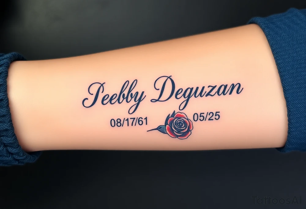 Tattoo of the exact name Debby Deguzman in chunky curly cursive with the exact dates of 08/17/61-05/29/25 surrounded by 1 hummingbird and 1 rose tattoo idea