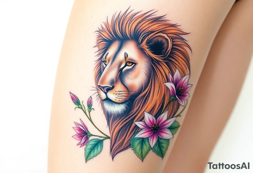 Lion with larkspur and water lilies tattoo idea
