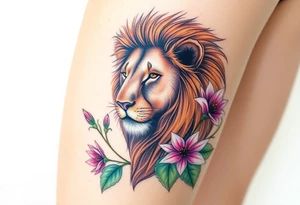 Lion with larkspur and water lilies tattoo idea
