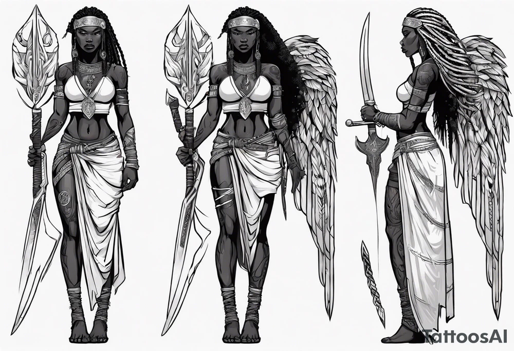 African female Viking valkyre angel full body 
slim long face small mouth long braided hair holding sword tattoo idea