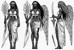 African female Viking valkyre angel full body 
slim long face small mouth long braided hair holding sword tattoo idea