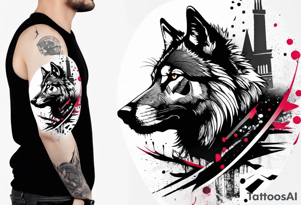 Abstract trash polka style tattoo with a wolf and the Roman Colosseum. tattoo idea