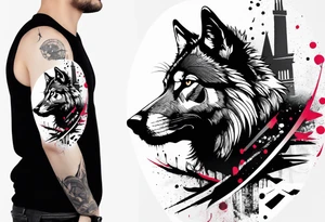 Abstract trash polka style tattoo with a wolf and the Roman Colosseum. tattoo idea