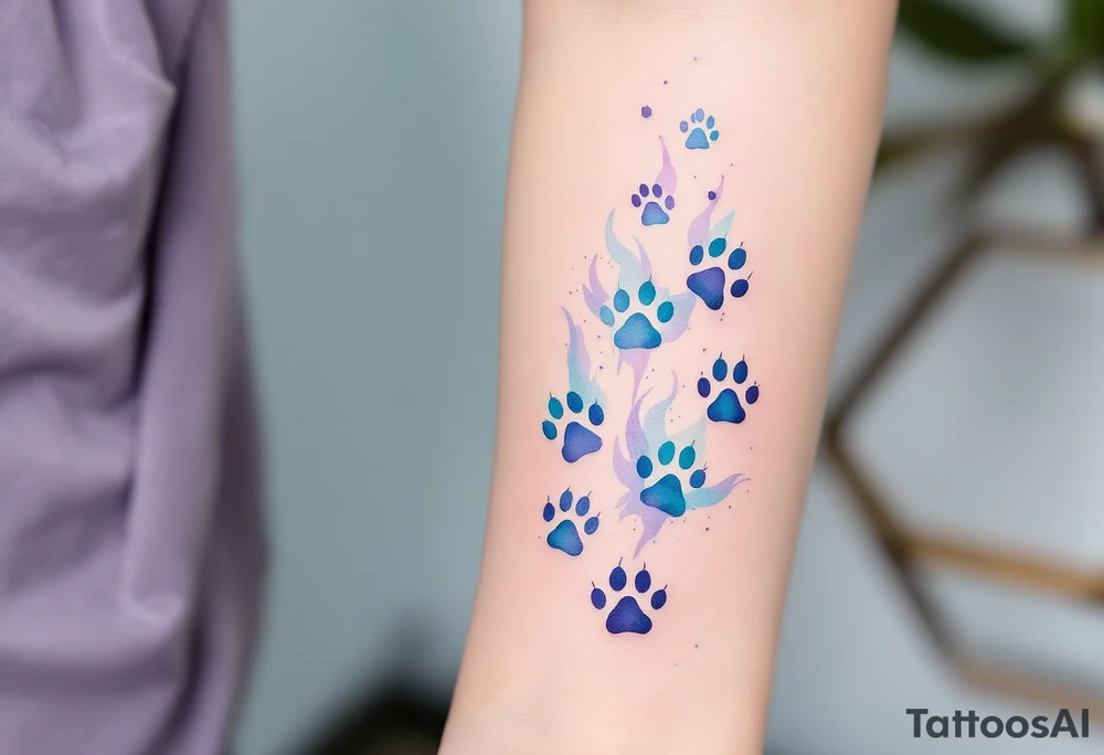 Watercolor Paw Trail – Soft, flowing paw prints in watercolor shades of lavender, teal, and sky blue fading into one another, symbolizing a free-spirited feline soul. tattoo idea