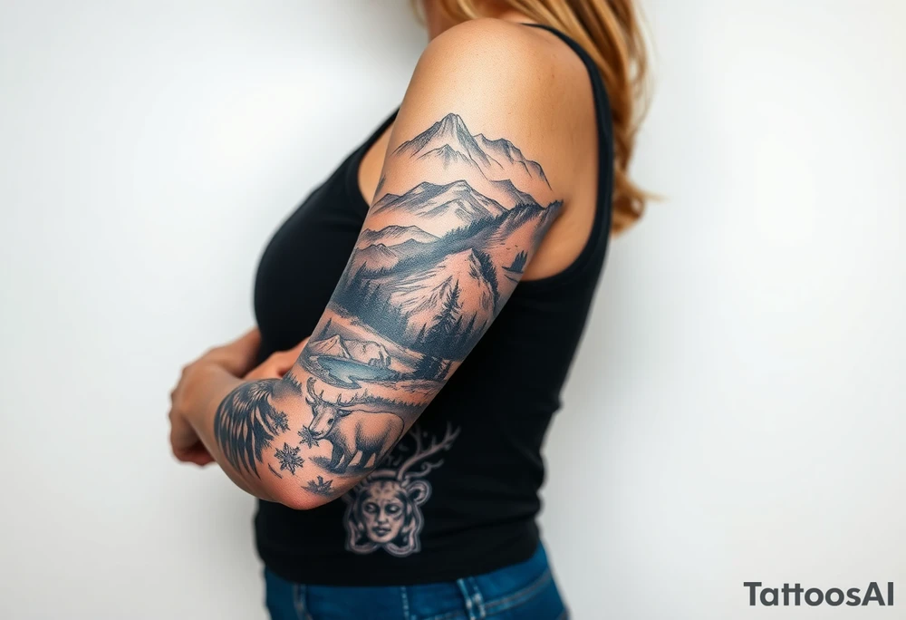 A full-sleeve with the Härjedalen landscape, reindeer, bear, lakes, mountains (Helags), tattoo idea