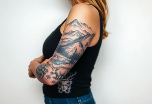 A full-sleeve with the Härjedalen landscape, reindeer, bear, lakes, mountains (Helags), tattoo idea