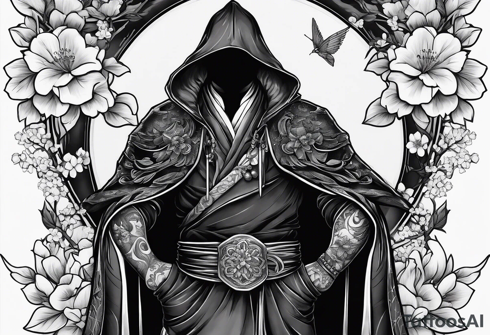 dark cloak alongside cherry blossom dagger tattoo idea