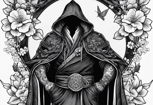 dark cloak alongside cherry blossom dagger tattoo idea