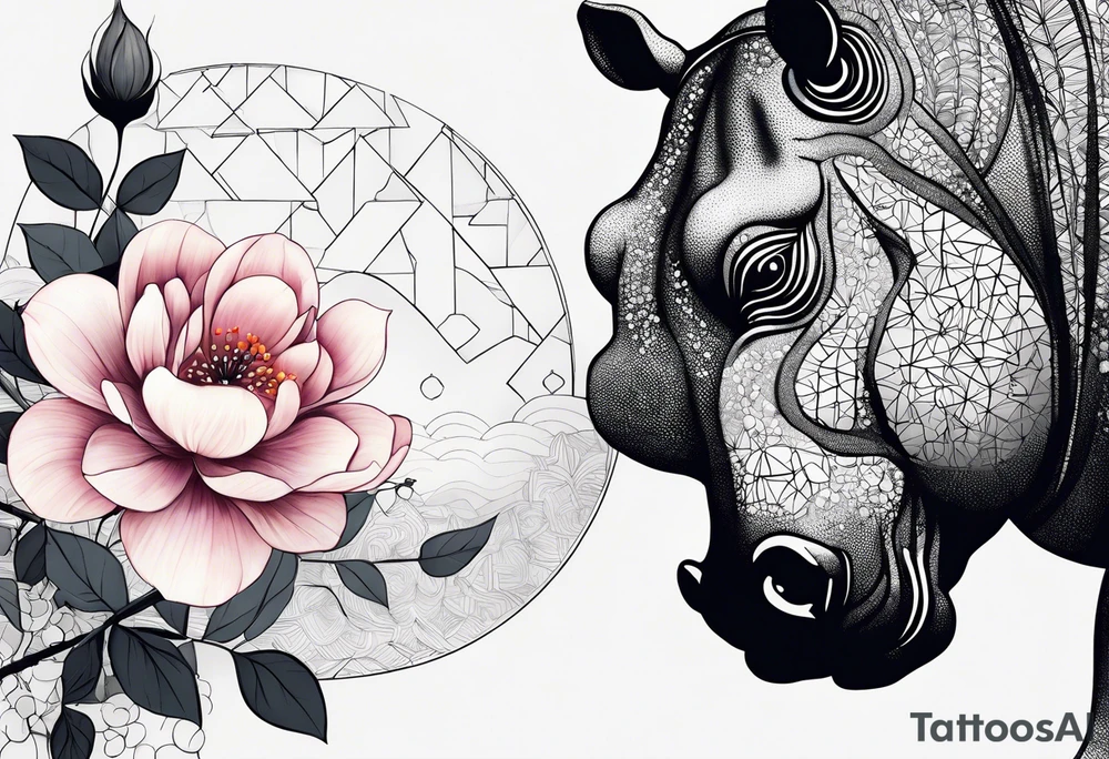 Asymmetrical, geometric, chinese ink art touch, hippo , full moon, flower, light tattoo idea