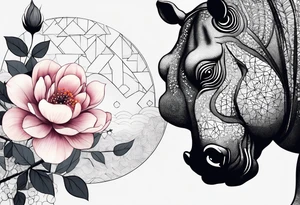 Asymmetrical, geometric, chinese ink art touch, hippo , full moon, flower, light tattoo idea