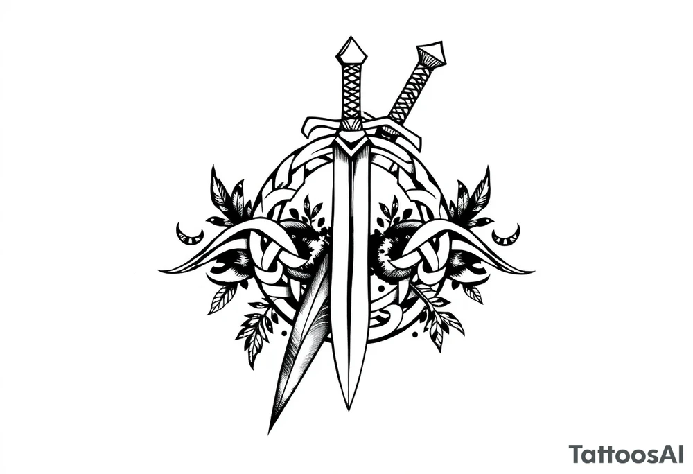 Armband tattoo combining a Celtic knot with a sword and nature tattoo idea
