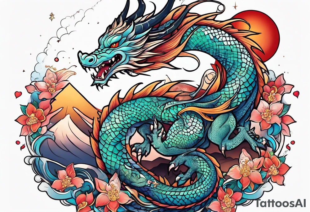 Japanese female Dragon cute, celestial, cross tattoo idea