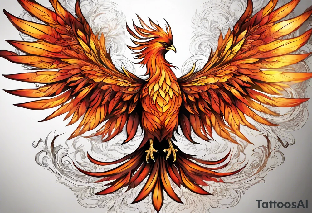 A majestic fire phoenix, rising powerfully with its wings spread wide and feathers flowing, representing rebirth and resilience. The phoenix is detailed with intricate feathers, creating a sense of movement and vitality. The design is bold, with deep shading and texture that adds dimension and intensity to its form. tattoo idea