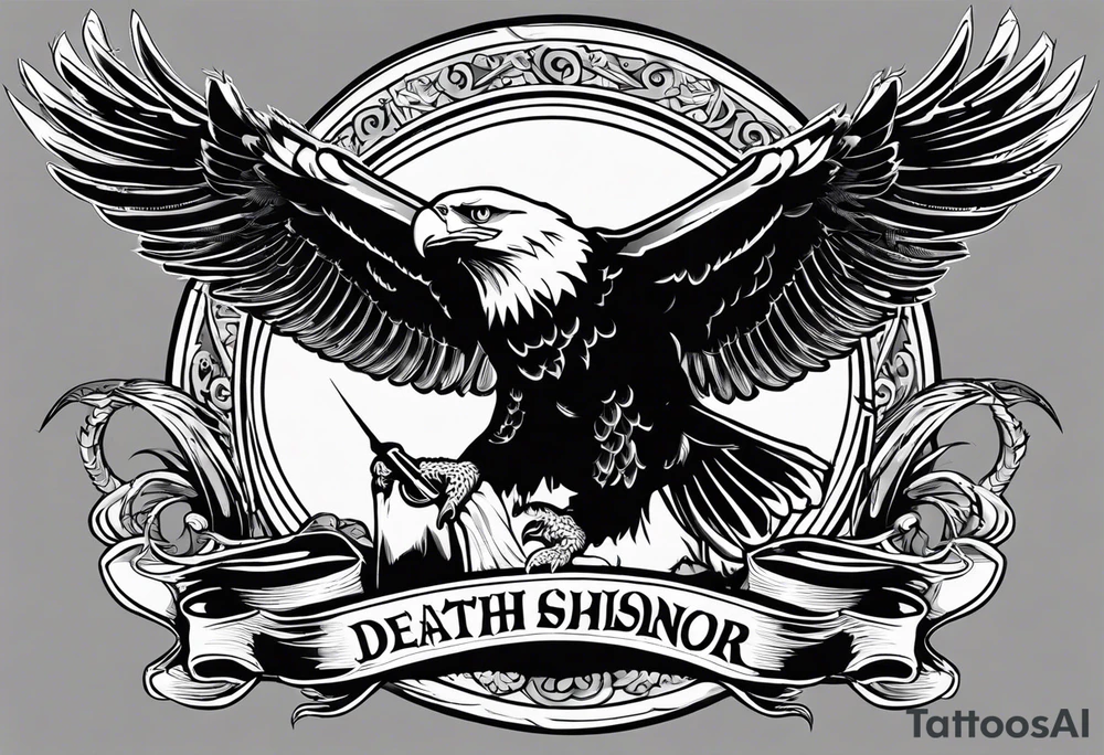 tattoo featuring an American eagle, 

add the words "Death Before Dishonor" on a scroll or something, add a sword or knife 

bottom left is closest, background filling not needed. 

use the Eagle style face of the bottom right tattoo idea