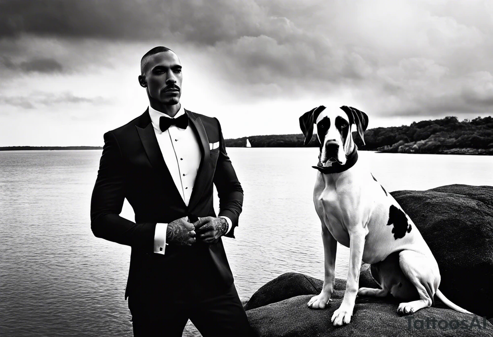 Arm sleeve for man with Great Dane (Full Tuxedo Color and floppy ears) standing proudly chest up on a rock in front of a body of water tattoo idea
