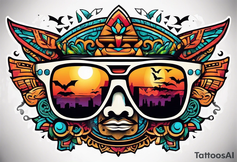 Colorful Mayan hieroglyph wearing sunglasses with bats and water tattoo idea