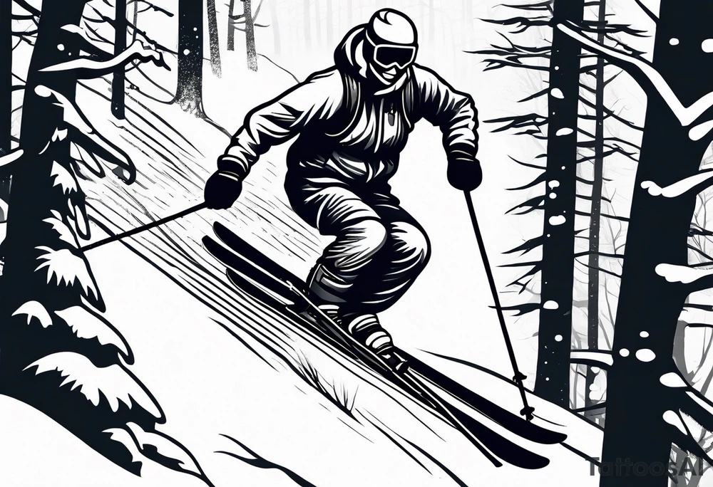 simple drawing of a 
tattoo of a snow skier skiing through trees showing ski trail tattoo idea