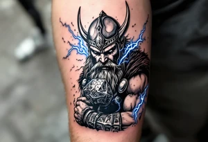 A fierce, bearded Norse Thor in battle, gripping Mjölnir with lightning crackling around him, wearing a detailed Viking helmet, in black and grey realism with electric blue highlights. tattoo idea