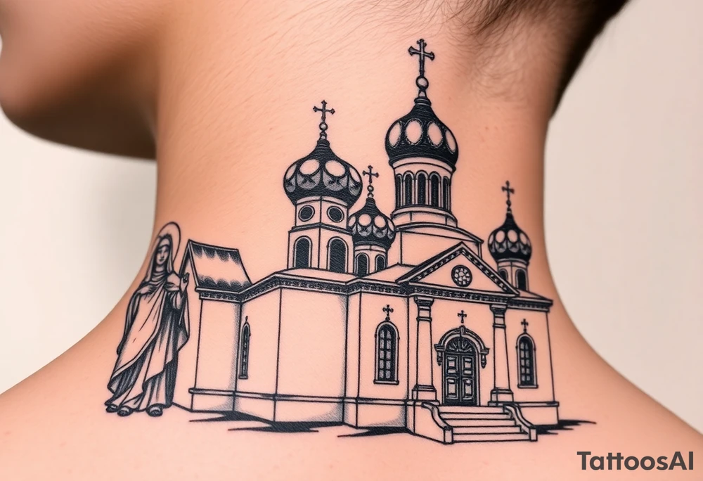 medium sized Russian orthodox church with bulb domes with a prominent russian orthodox style virgin mary stood outside to the left tattoo idea