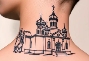 medium sized Russian orthodox church with bulb domes with a prominent russian orthodox style virgin mary stood outside to the left tattoo idea