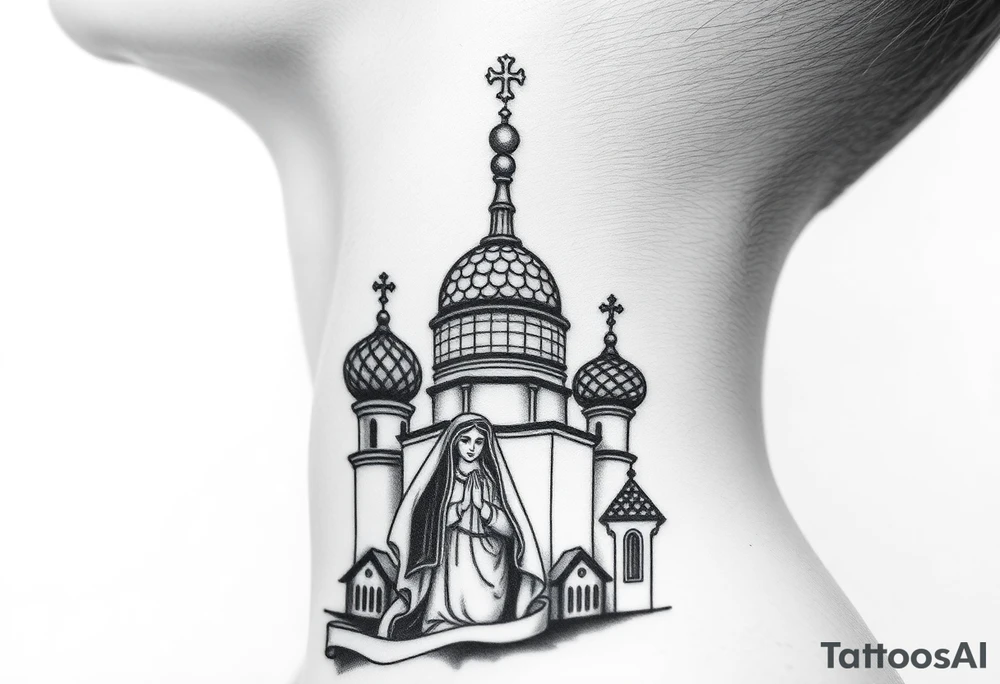 Flowing Scene

A onion domes orthodox church
Virgin Mary in prayer pose wrapping around the lower neck curve
A small double headed russian coat of arms eagle or just the star tucked above the dome near the hairline tattoo idea